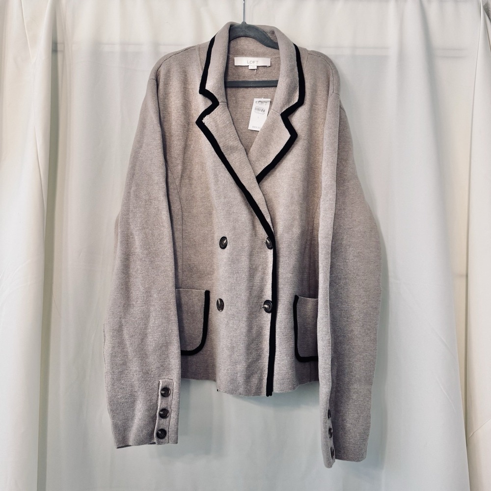 LOFT NWT Taupe Knit Blazer Black Trim Double Breasted Preppy Academia L